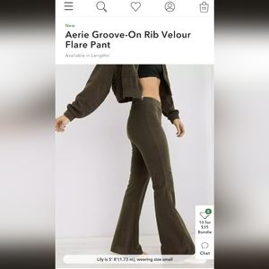 Aerie velour flare ribbed green lounge set, size M